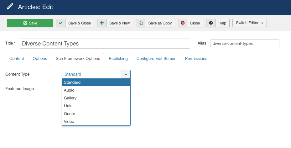 Diverse Content Type in JSN Sun Framework